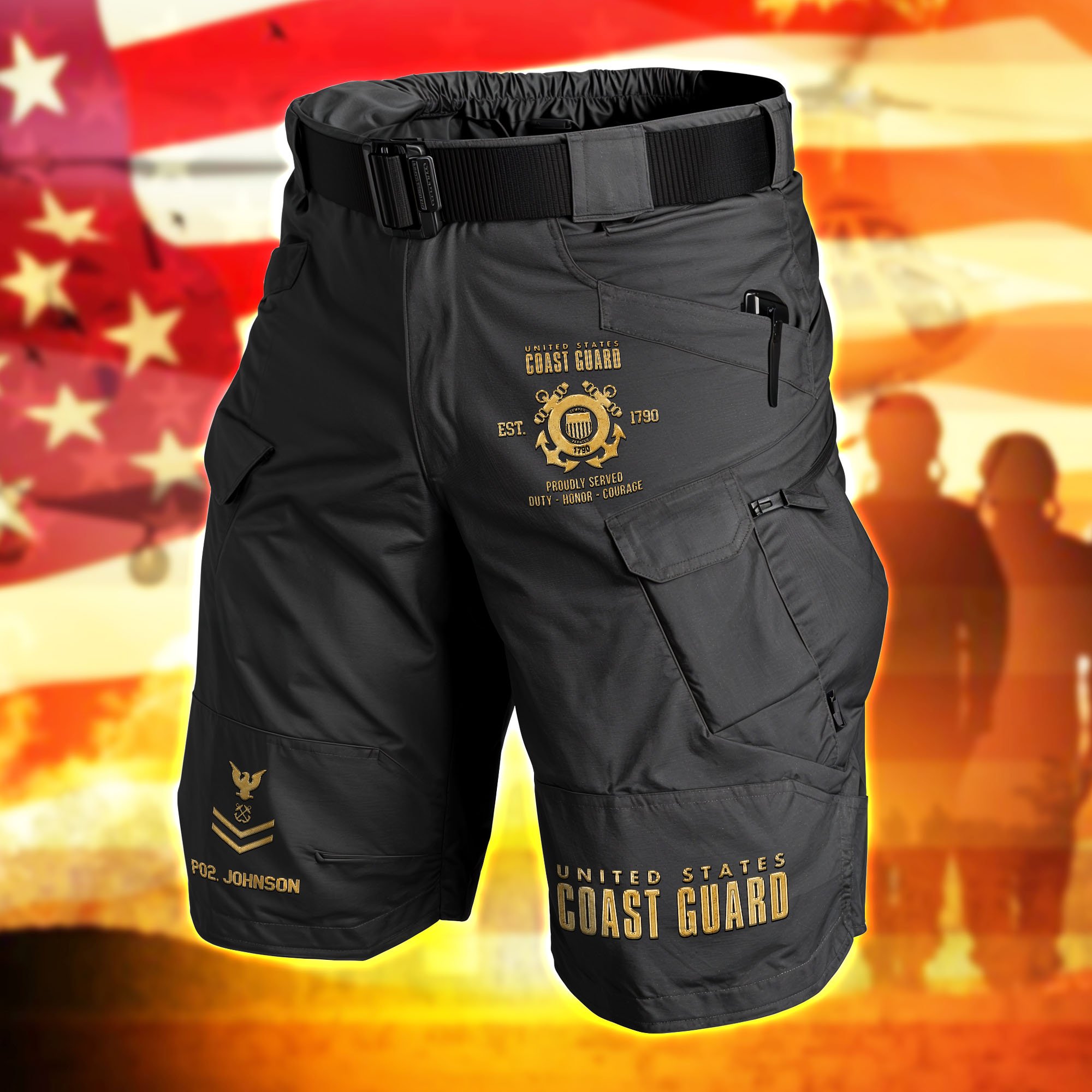 U.S. Coast Guard 2D Summer Men Cargo Short Personalized Your Name And Rank, US Military Shorts, US Military Gifts ETHY-59848